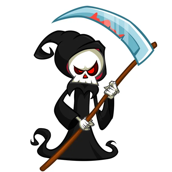 Personaje de dibujos animados Grim Reaper con guadaña aislada sobre un fondo blanco. Lindo personaje de la muerte en capucha negra — Archivo Imágenes Vectoriales