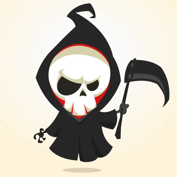 Ilustración de dibujos animados vectoriales de espeluznante muerte de Halloween con guadaña, esqueleto icono de carácter aislado sobre fondo blanco — Vector de stock