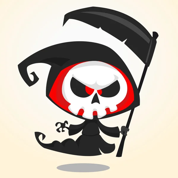 Schattige cartoon grim reaper met zeis geïsoleerd op wit. Schattige Halloween skeleton dood karakter icoon — Stockvector
