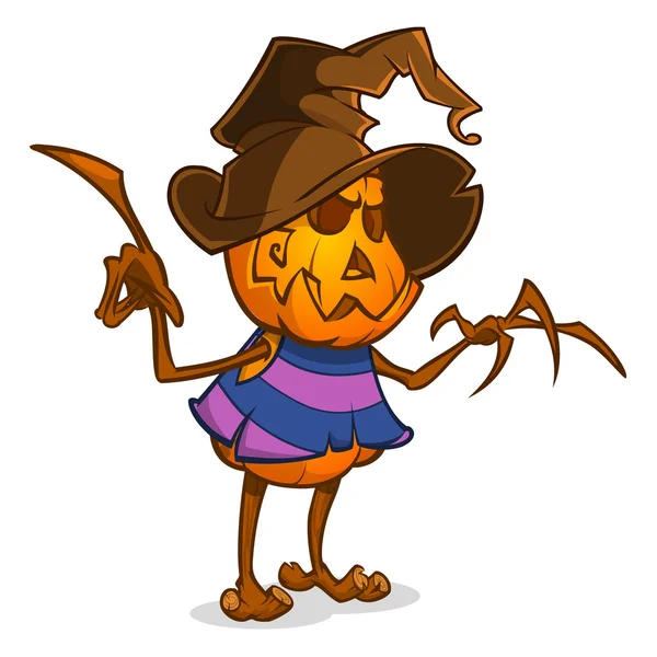 Scarecrow with pumpkin head in a witch hat and rags. Cartoon style pumpkin head with hands. Vector isolated — Stock Vector