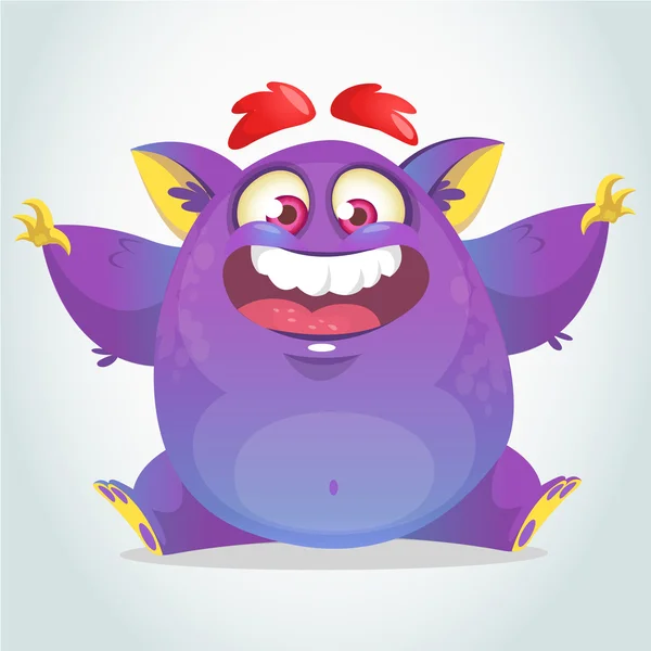 Feliz monstruo de dibujos animados. Halloween vector grasa púrpura monstruo sentado — Archivo Imágenes Vectoriales