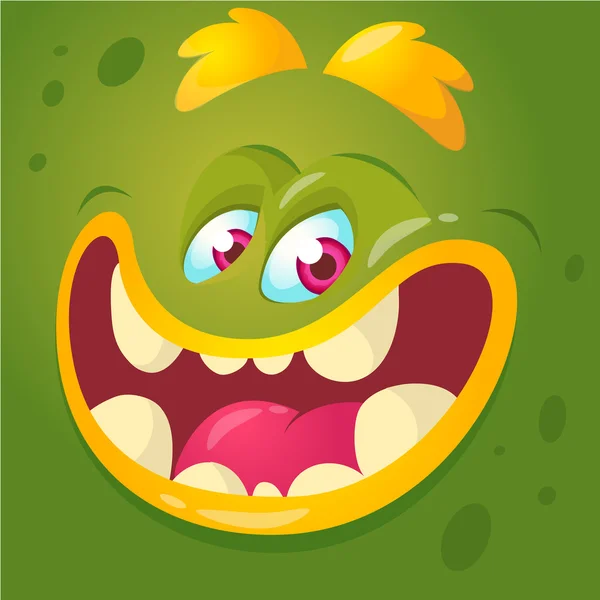 Cara de monstruo de dibujos animados. Vector avatar monstruo verde de Halloween con amplia sonrisa — Vector de stock