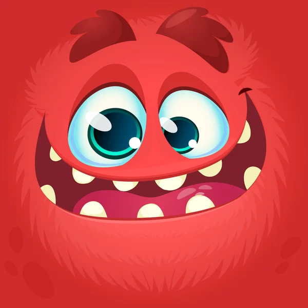Cara de monstruo de dibujos animados. Vector de Halloween monstruo rojo avatar con amplia sonrisa — Vector de stock