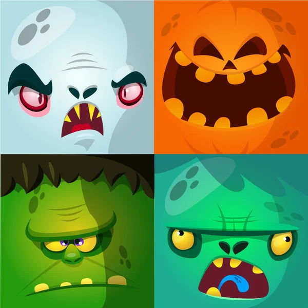 Dibujos animados monstruo caras vector conjunto. Lindos avatares cuadrados e iconos. monstruo, cara de calabaza, vampiro, zombi — Vector de stock