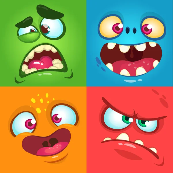 Caras de monstruo de dibujos animados. Vector conjunto de cuatro caras de monstruo de Halloween — Vector de stock