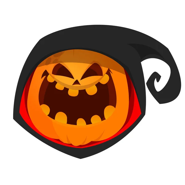 Testa di zucca cartone animato in cappuccio nero. Illustrazione vettoriale Halloween — Vettoriale Stock