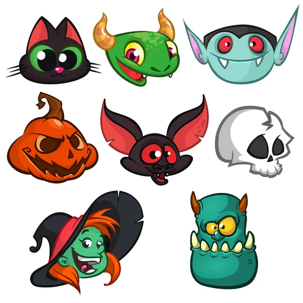 Halloween karakters gezichten set. Vleermuis, heks kat, Grim Reaper, groene monster, heks, vampier en pompoen — Stockvector