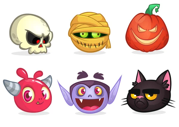 Conjunto de ícones de personagens de Halloween. Cabeças de desenhos animados de crânio, múmia, cabeça de abóbora, monstro rosa, vampiro, gato bruxo — Vetor de Stock