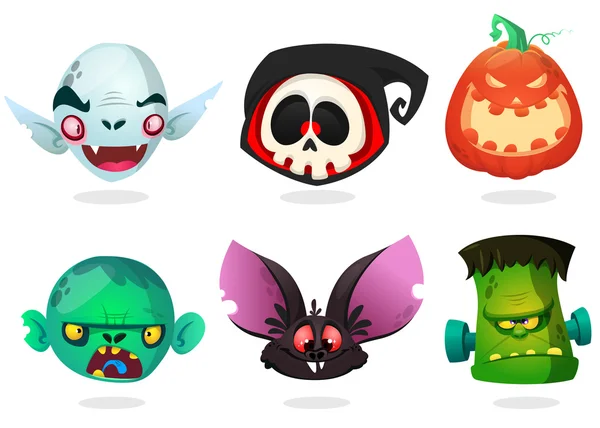 Halloween tekens pictogramserie. Cartoon hoofden van grim reaper met zwarte vleermuis, pompoen Jack o lntern, zombie, vampire. — Stockvector