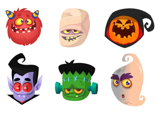 Set de iconos de personajes de Halloween. Avatares de cabeza de dibujos animados de calabaza Jack o lntern, zombi, vampiro, monstruo rojo, momia y fantasma . — Vector de stock