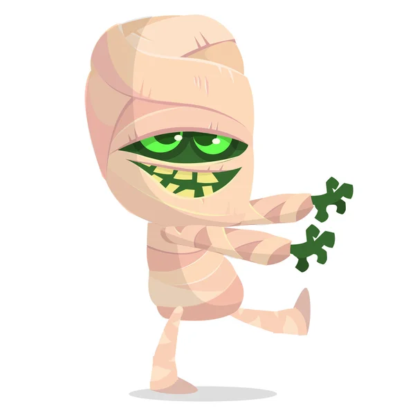 Desenhos animados personagem múmia andando com olhos verdes. Vector clip arte ilustração de múmia monstro para Halloween isolado — Vetor de Stock