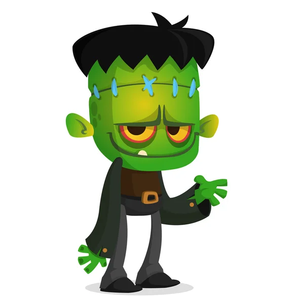 Halloween monster stripfiguur. Mascotte van de vector monster groene karakter wijzende hand — Stockvector