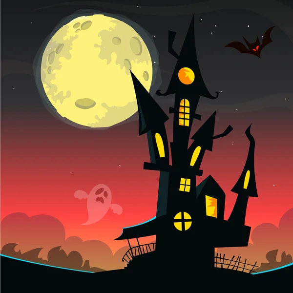 Asusta la vieja casa fantasma. Tarjeta o póster de Halloween. Ilustración vectorial — Vector de stock