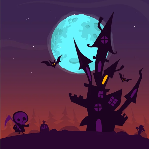 Eng oud spook spookhuis met begraafplaats en walkind dood. Halloween kaart of poster. Vector cartoon illustratie — Stockvector