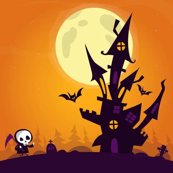 Castillo de Halloween. Ilustración de un castillo embrujado espeluznante en la colina dentro de fondo paisaje de Halloween — Vector de stock