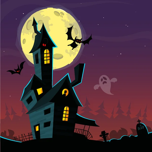 Spookachtig oud spookhuis. Halloween kaart poster. Vector illustratie — Stockvector