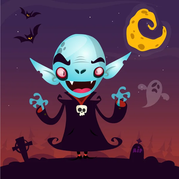 Roztomilý kreslený upír. Halloween upíří postava izolovaná na tmavém pozadí hřbitov, duch a měsíc. Skvělé pro kartu nebo plakát — Stockový vektor