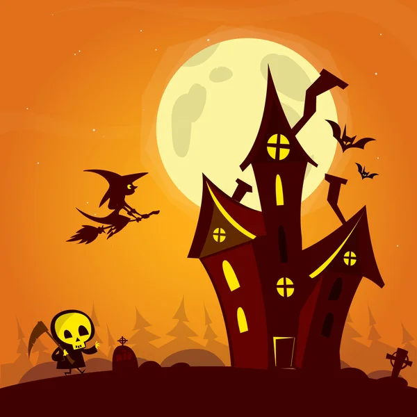 Una casa fantasma espeluznante con luna tonta y bruja voladora. Cartel de Halloween. Ilustración vectorial — Vector de stock