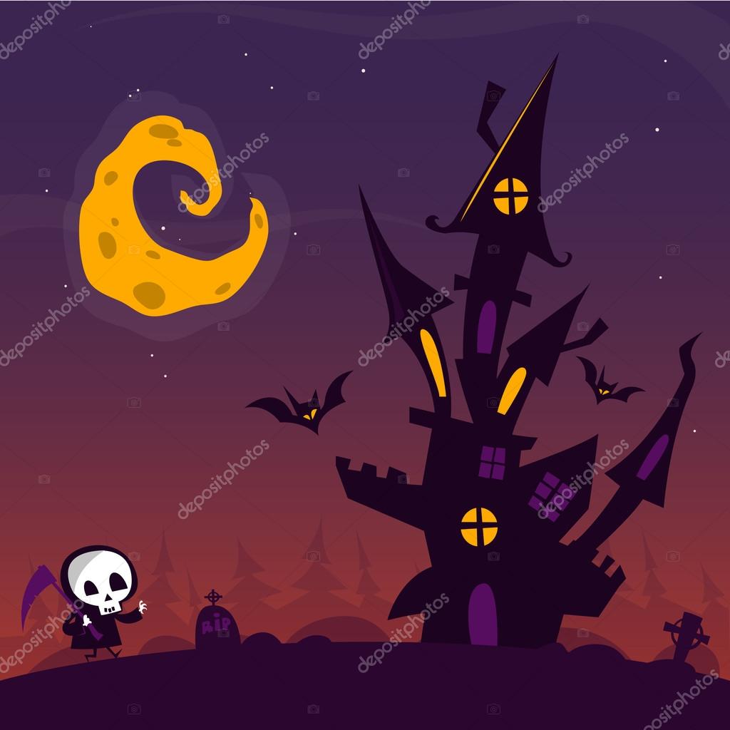 Scary Old Ghost Haunted House With Cemetery And Walkind Cute Death Halloween Card Or Poster