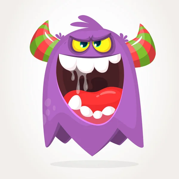 Cartoon Horned Monster Angry Expression Opened Mouth Full Saliva Vector — Stock Vector