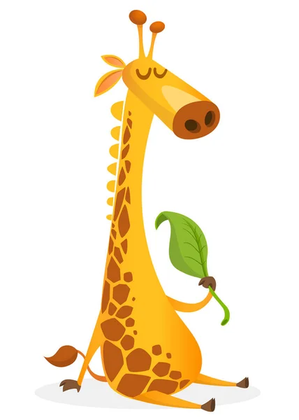 Cartoon Giraffe Character Vector Illustration Funny Giraffe Eating Leaf Smiling — Stock Vector