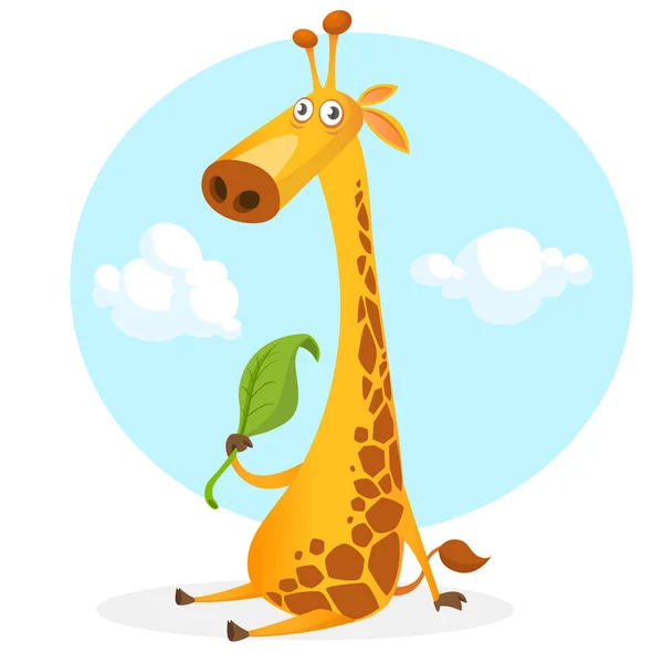Çizgi Film Zürafa Karakteri Vektör Çizimi Komik Zürafa Yaprak Yiyor — Stok Vektör