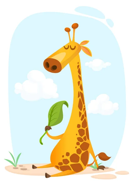 Tecknad Giraff Karaktär Vektor Illustration Rolig Giraff Äter Ett Löv — Stock vektor
