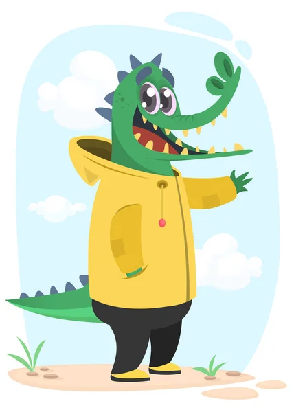 Cartoon Hipster Crocodile Yellow Rain Coat Animal Clothing Casual Style — Stock Vector