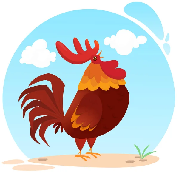 Cute Vector Cartoon Rooster Illustration Isolated Summer Meadow Background — Stock Vector