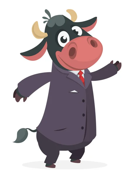 Dibujos Animados Divertida Vaca Sonriente Con Toxedo Traje Negocios Ilustración — Vector de stock