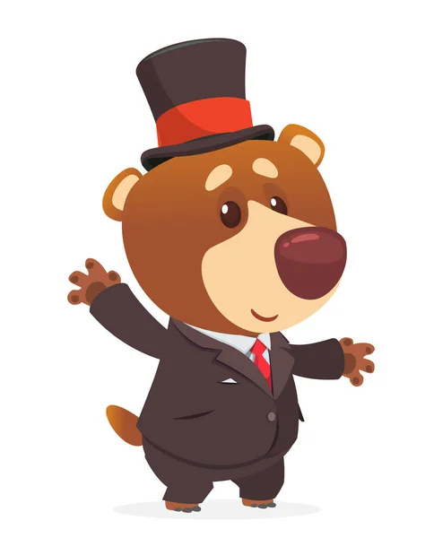 Cartoon Funny Grizzly Bear Wearing Toxedo Business Suit Cylinder Hat — Stockový vektor