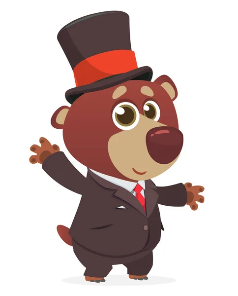 Cartoon Funny Grizzly Bear Wearing Toxedo Business Suit Cylinder Hat — Stockový vektor