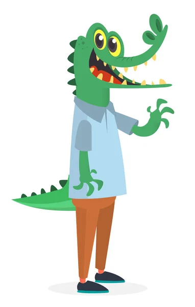 Dessin Animé Drôle Heureux Crocodile Portant Des Vêtements Modernes Style — Image vectorielle
