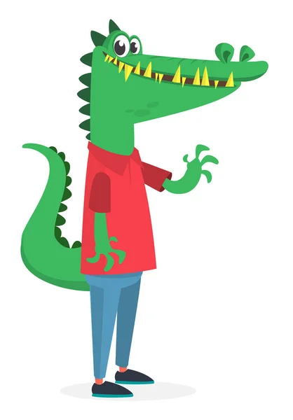 Tecknad Rolig Och Glad Krokodil Bär Moderna Tjusiga Stil Kläder — Stock vektor
