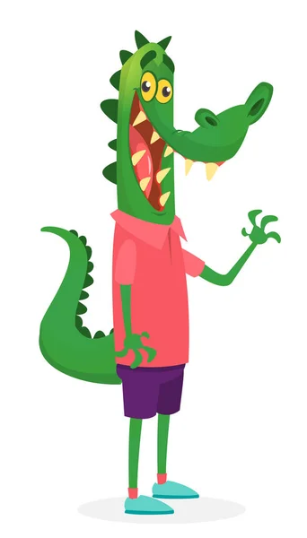 Dessin Animé Drôle Heureux Crocodile Portant Des Vêtements Modernes Style — Image vectorielle