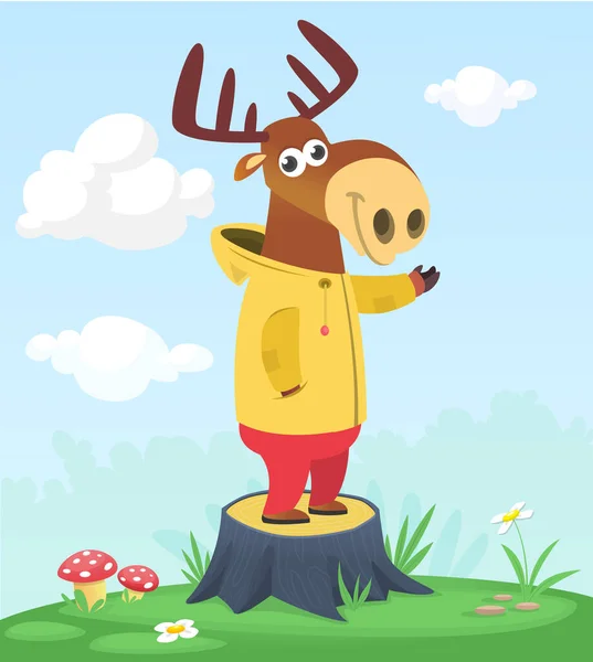 Cartoon Funny Happy Moose Standing Summer Meadow Tree Stump Vector — 스톡 벡터