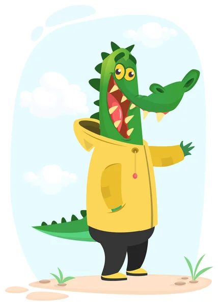 Cartoon Funny Happy Crocodile Standing Summer Meadow Vector Illustration Isolated — Stock Vector