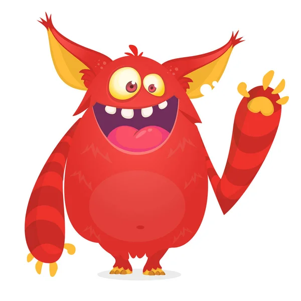 Feliz Mascota Monstruo Dibujos Animados Vector Halloween Alienígena Rojo Ondeando — Vector de stock