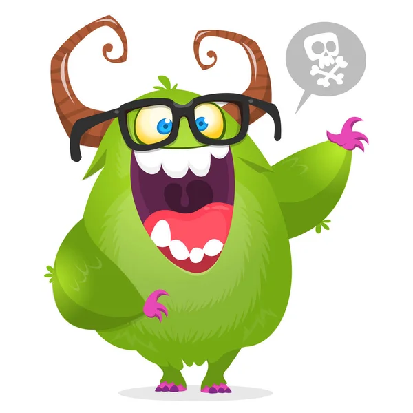 Nerd Monstro Verde Dos Desenhos Animados Usando Óculos Ilustração Vector — Vetor de Stock