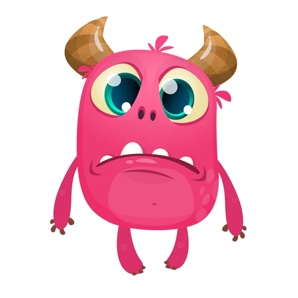 Cartoon Pink Horned Grumpy Monster Vector Illustration Cute Sad Monster — Stock Vector