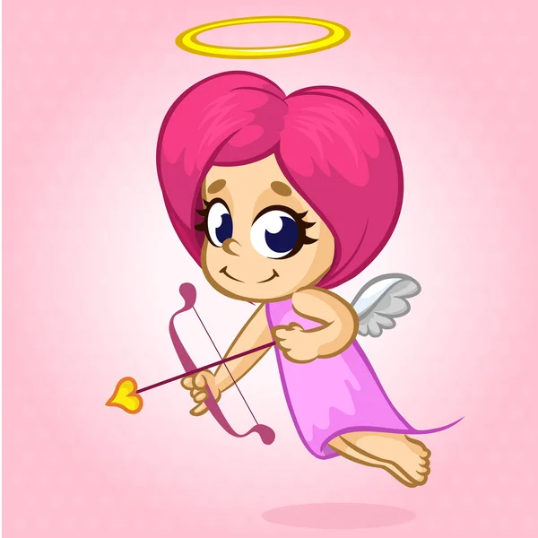 Gadis cupid lucu yang mengincar seseorang. Ilustrasi Hari Kasih-Sayang. Vektor diisolasi di latar belakang mawar - Stok Vektor