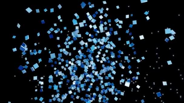 Animált hurok képes mozgó kék ezüst fehér téglalap alakú doboz részecskék fekete hátteret hasznos konfetti végtelenség tér tudomány pénzügyi üzleti szórakoztató film programok virtuális set hatás — Stock videók