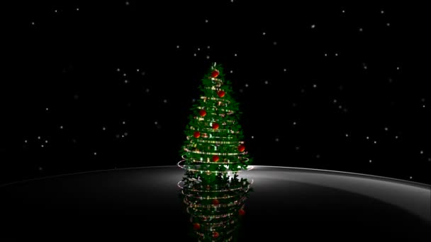 Animated shiny lights on green Christmas tree with designer snow flowers falling in the dark black background useful for celebration festival season as virtual set backdrop for broadcasting programs
