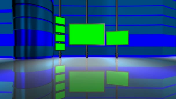 모든 카메라 각도에서 애니메이션 크로마 키 녹색 빛나는 가상 세트는 기술 과학 뉴스 공간 기반 방송 프로그램에 유용 한 더블 앵커 아래로 앉아 넓은 측면 서 닫아 — 비디오