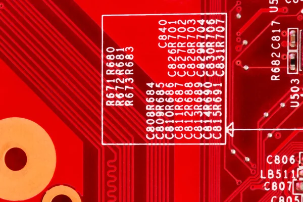 Placa Circuito Impreso Electrónico Rojo Con Componentes Electrónicos Vistos Desde — Foto de Stock