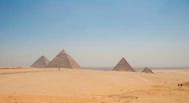 Giza, Kahire, Mısır ve deve ön planda piramitleri
