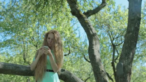 Jonge roodharige meisje in de appelboomgaard kijken naar de telefoon — Stockvideo