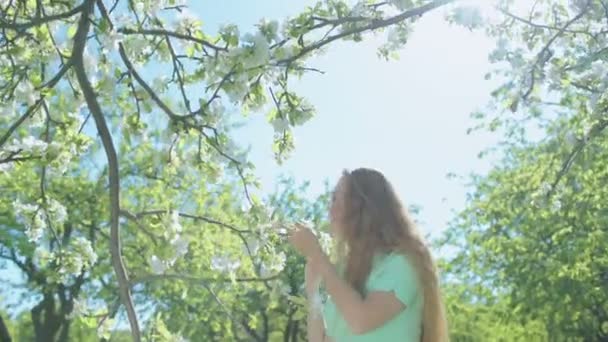 Chica con el pelo largo y rojo en el jardín de manzana — Vídeo de stock