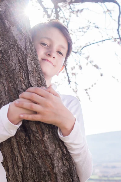Мальчик обнимает дерево — стоковое фото