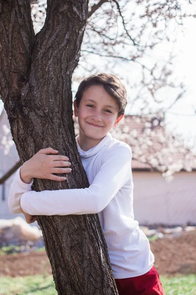 Boy hugging a tree